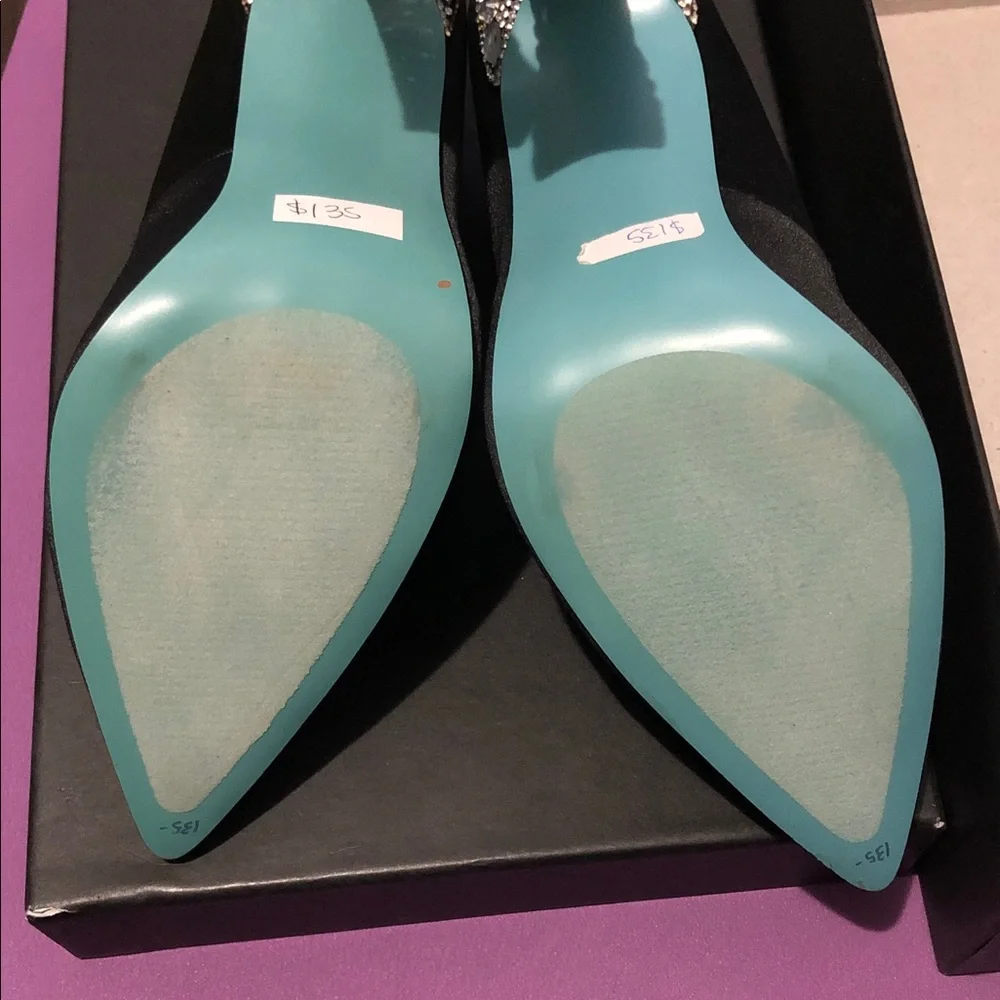 Betsey Johnson Black Satin Pointed Pumps with Jeweled Block Heels - Picture 8 of 8